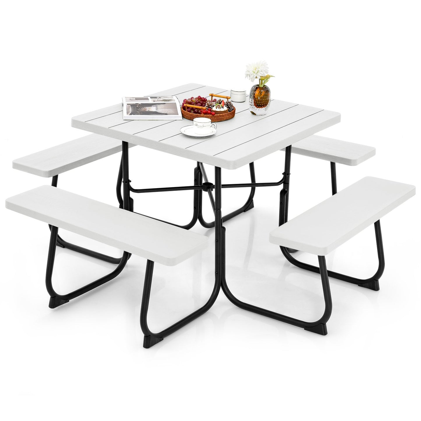 Outdoor Picnic Table with 4 Benches and Umbrella Hole-Black