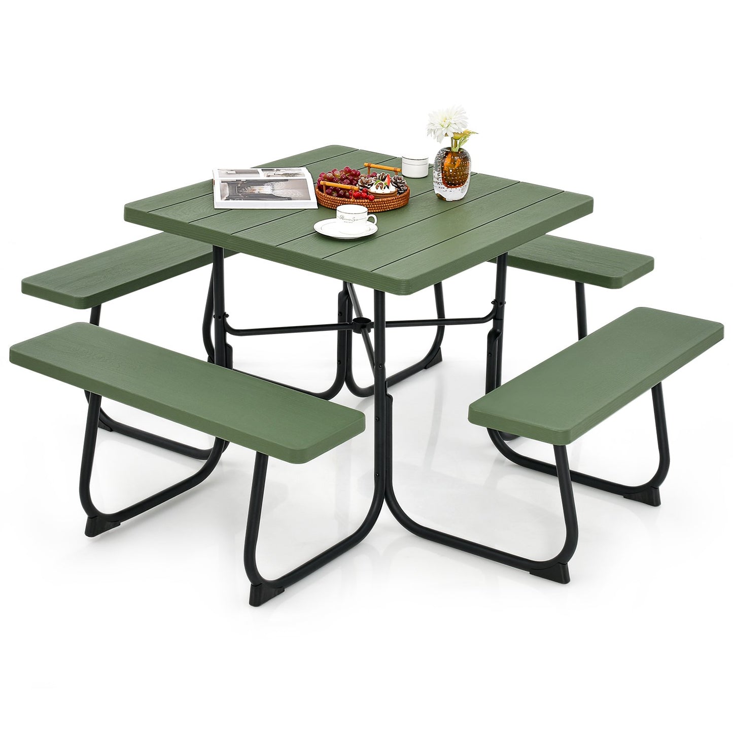 Outdoor Picnic Table with 4 Benches and Umbrella Hole-Black