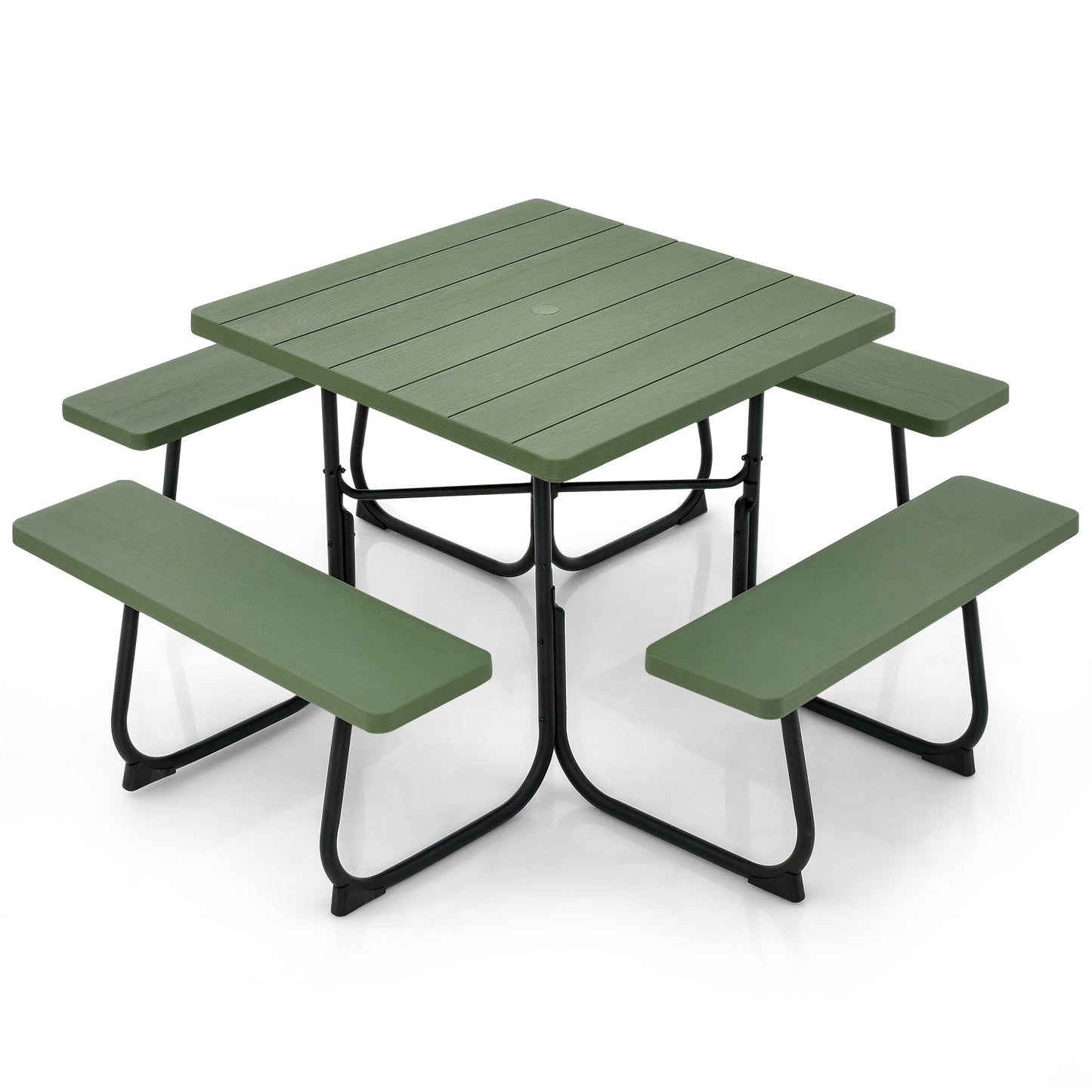 Outdoor Picnic Table with 4 Benches and Umbrella Hole-Black