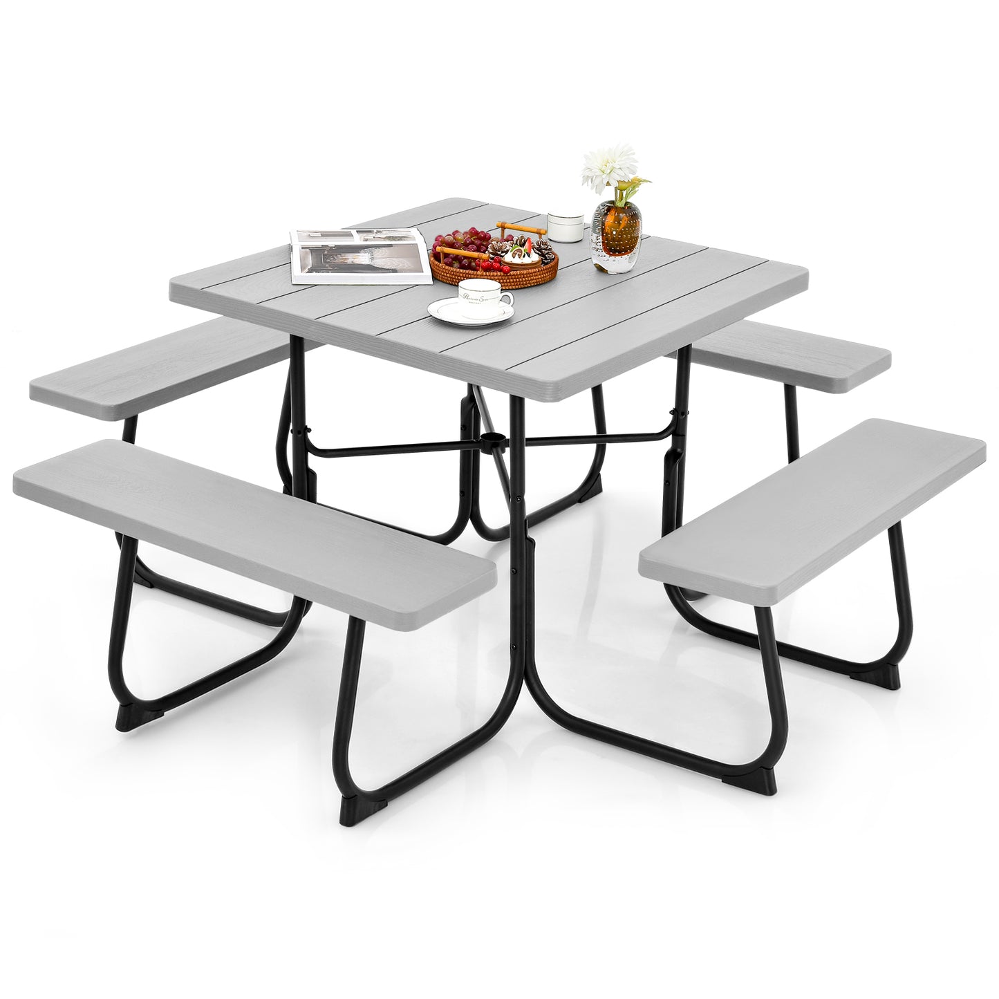 Outdoor Picnic Table with 4 Benches and Umbrella Hole-Black
