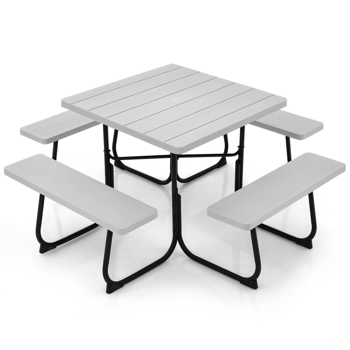 Outdoor Picnic Table with 4 Benches and Umbrella Hole-Black