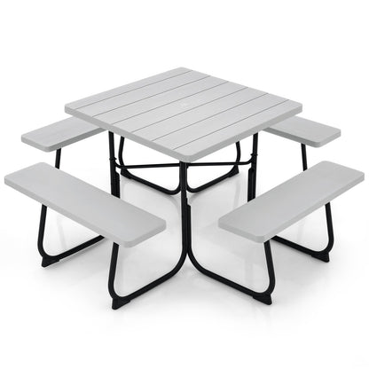 Outdoor Picnic Table with 4 Benches and Umbrella Hole-Black