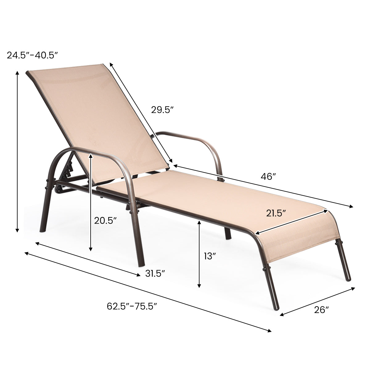 Adjustable Patio Chaise Outdoor Folding Lounge Chair with Adjustable Backrest-Brown