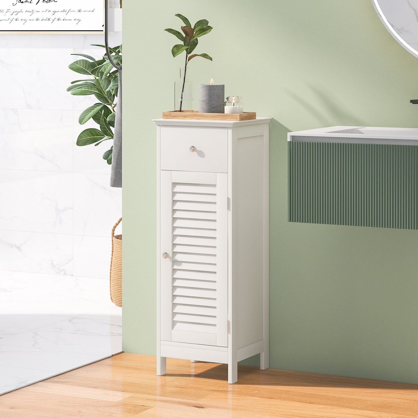 Woodern Bathroom Floor Storage Cabinet with Drawer and Shutter Door-Gray