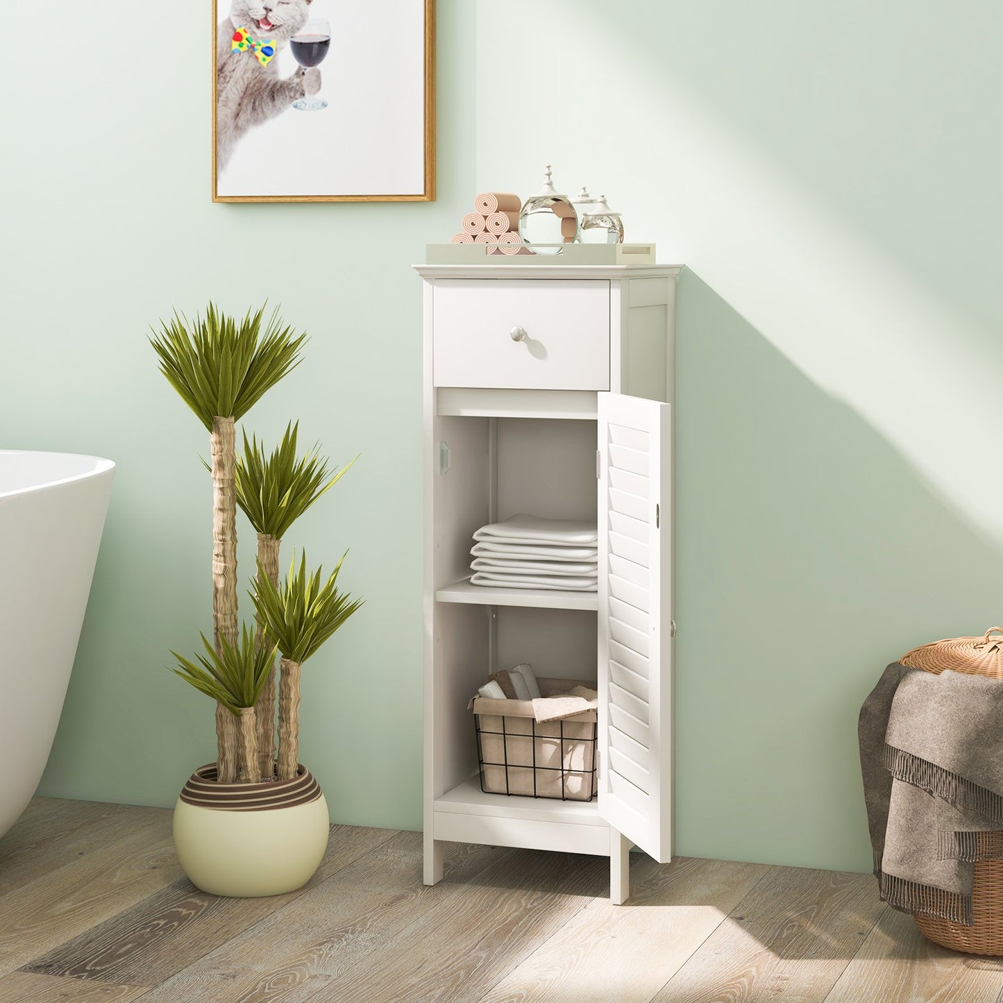 Woodern Bathroom Floor Storage Cabinet with Drawer and Shutter Door-Gray