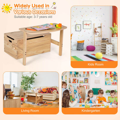 3-in-1 Kids Convertible Storage Bench Wood Activity Table and Chair Set-Natural
