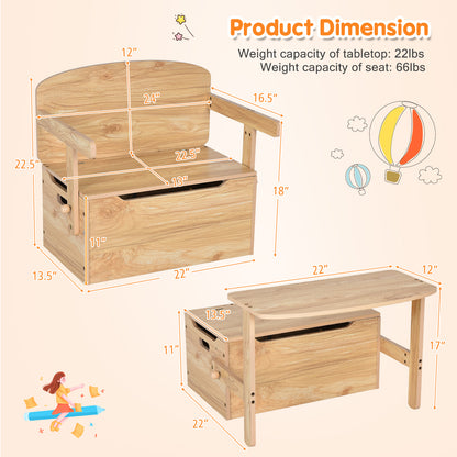 3-in-1 Kids Convertible Storage Bench Wood Activity Table and Chair Set-Natural