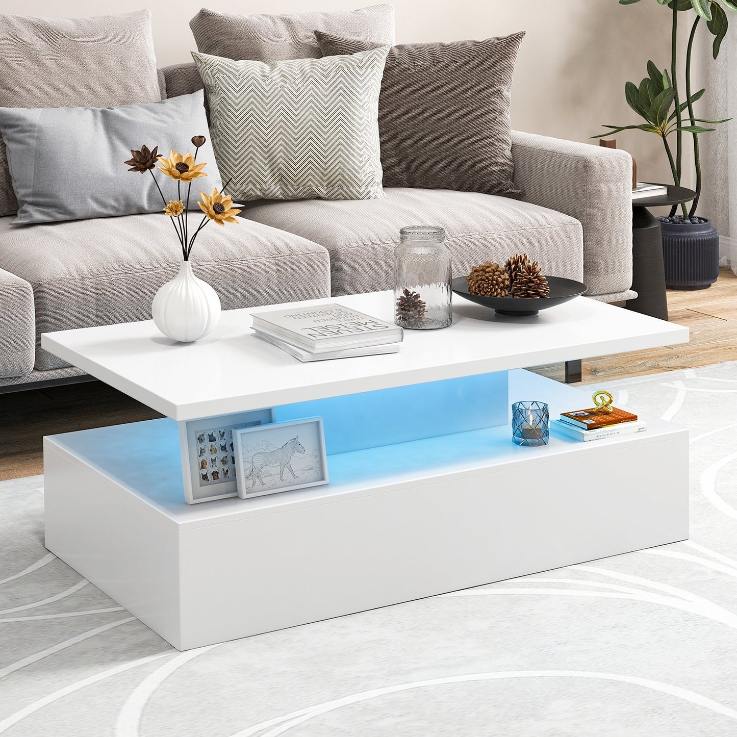 Modern 2-tier High Glossy Table with Adjustable Light Colors for Living Room-Black