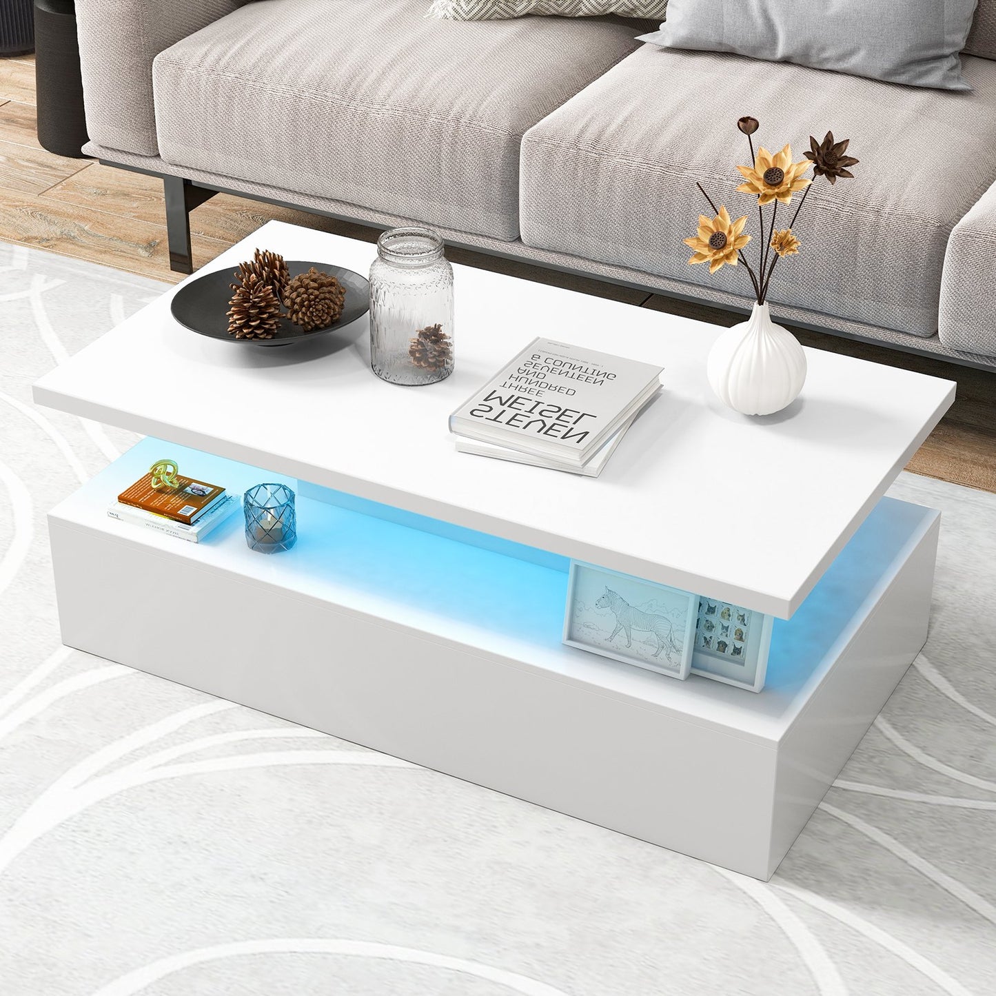 Modern 2-tier High Glossy Table with Adjustable Light Colors for Living Room-Black