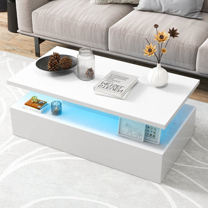 Modern 2-tier High Glossy Table with Adjustable Light Colors for Living Room-Black