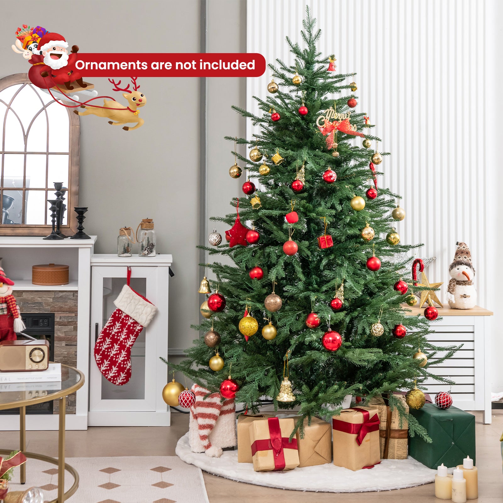 6ft pre-lit Christmas tree with 280 warm white LED lights and 8 lighting modes, decorated with ornaments and a star topper.