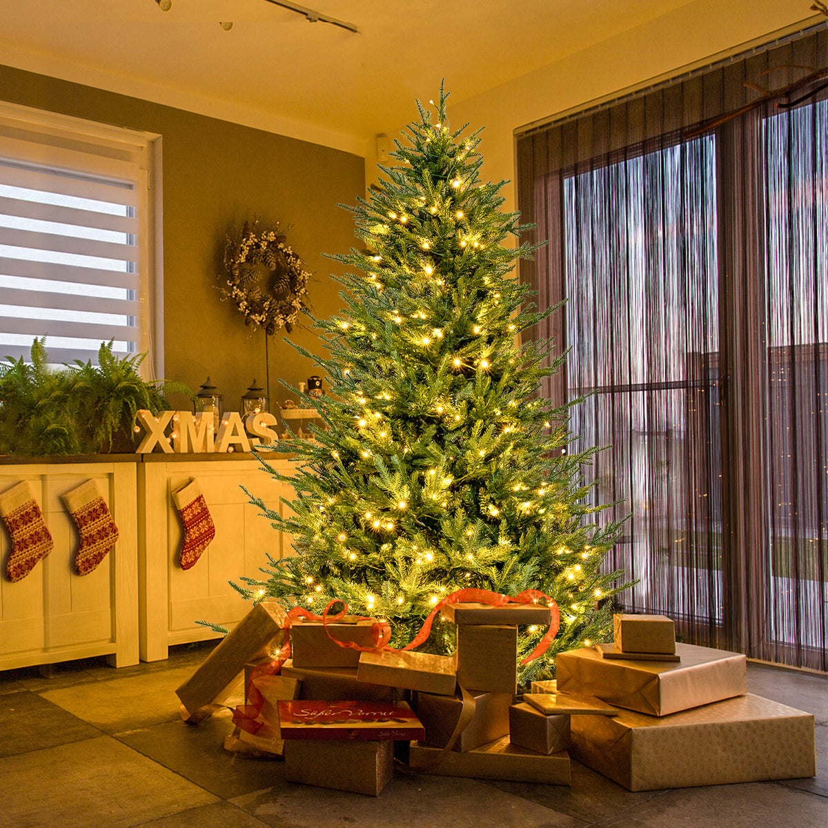 6ft pre-lit Christmas tree with 280 warm white LED lights and 8 lighting modes, ideal for holiday decor.