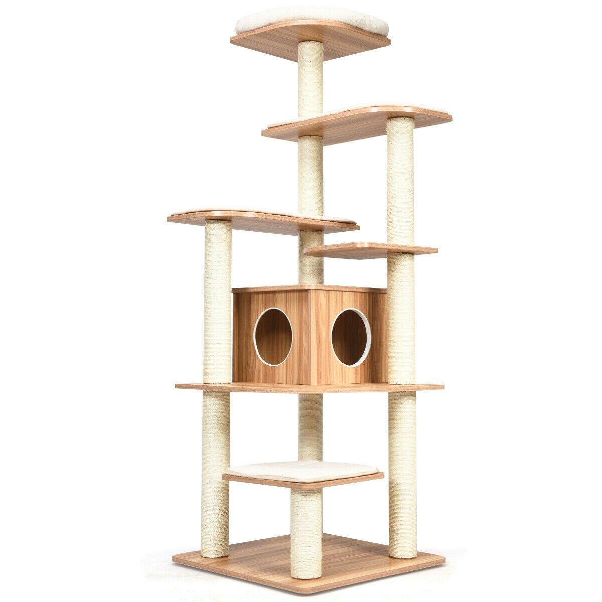 7-Layer Wooden Cat Tree Tall Cat Tower with Sisal Posts and Condo-Brown