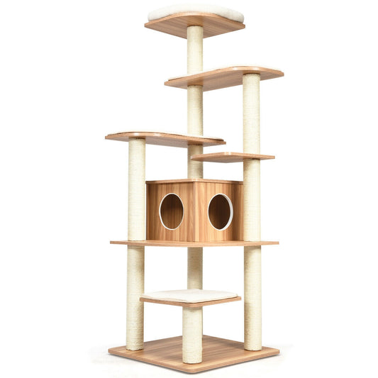 7-Layer Wooden Cat Tree Tall Cat Tower with Sisal Posts and Condo-Natural