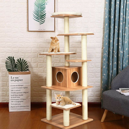 7-Layer Wooden Cat Tree Tall Cat Tower with Sisal Posts and Condo-Brown