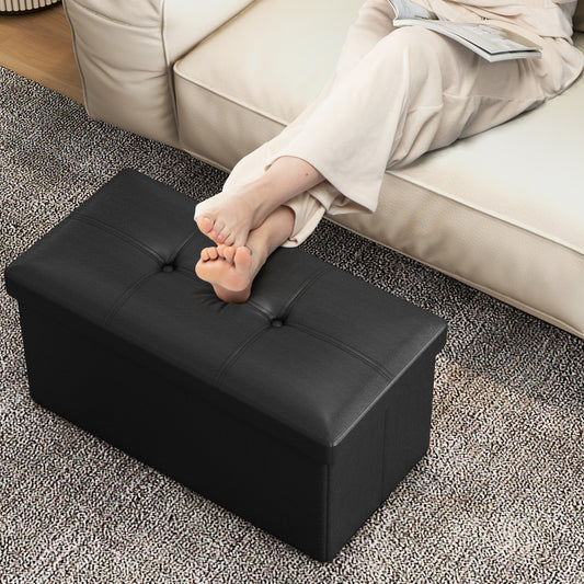 Upholstered Rectangle Footstool with PVC Leather Surface and Storage Function-Black