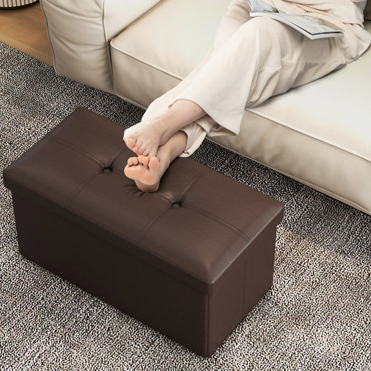 Upholstered Rectangle Footstool with PVC Leather Surface and Storage Function-Brown