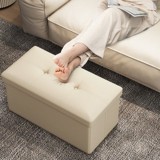 Upholstered Rectangle Footstool with PVC Leather Surface and Storage Function-White