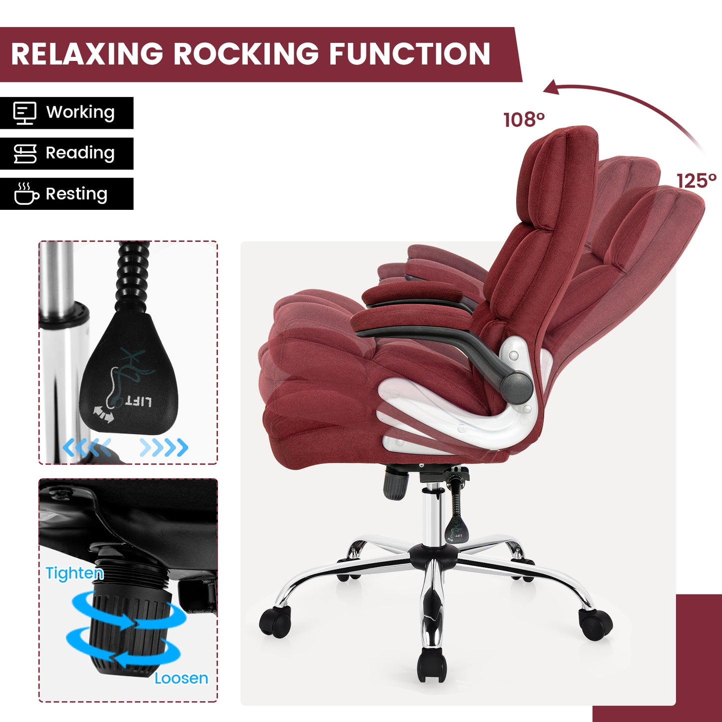 Adjustable Swivel Office Chair with High Back and Flip-up Arm for Home and Office-Red