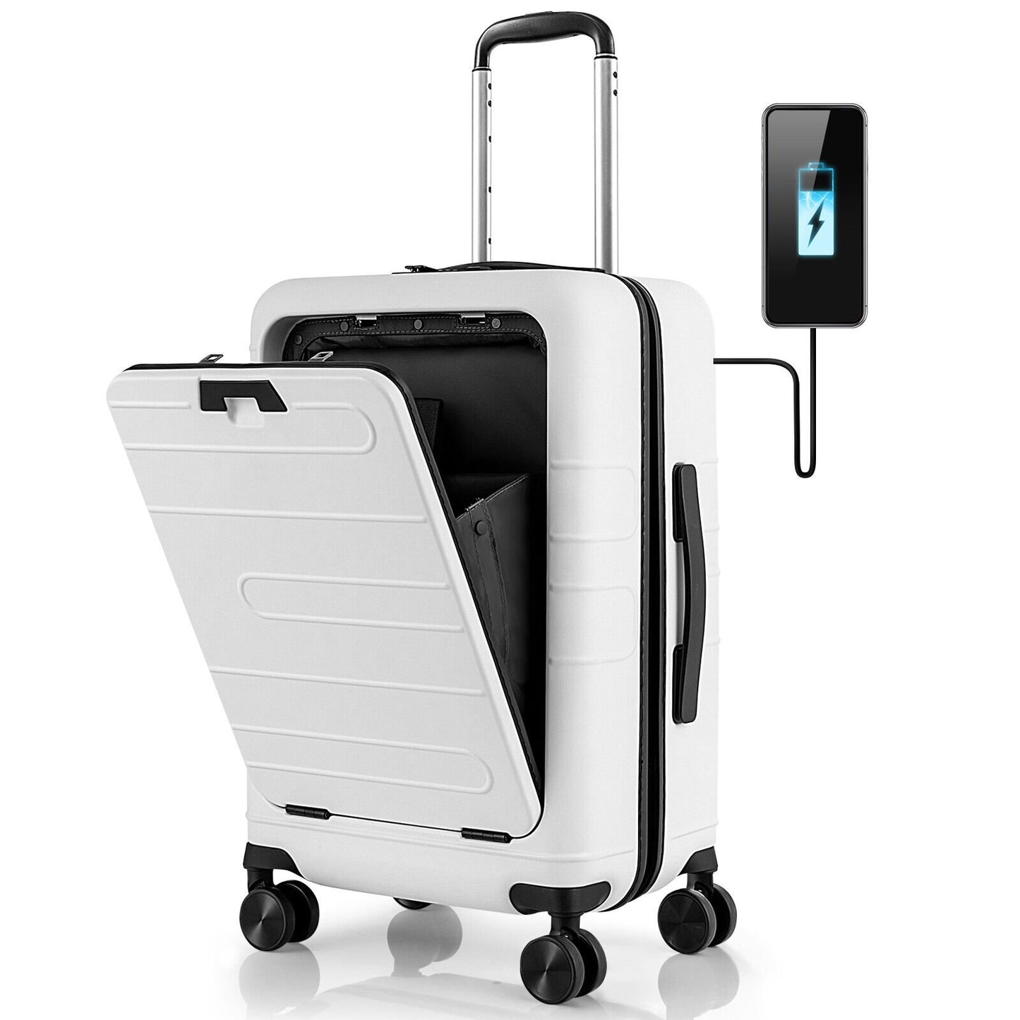 20 Inch Carry-on Luggage PC Hardside Suitcase TSA Lock with Front Pocket and USB Port-Black