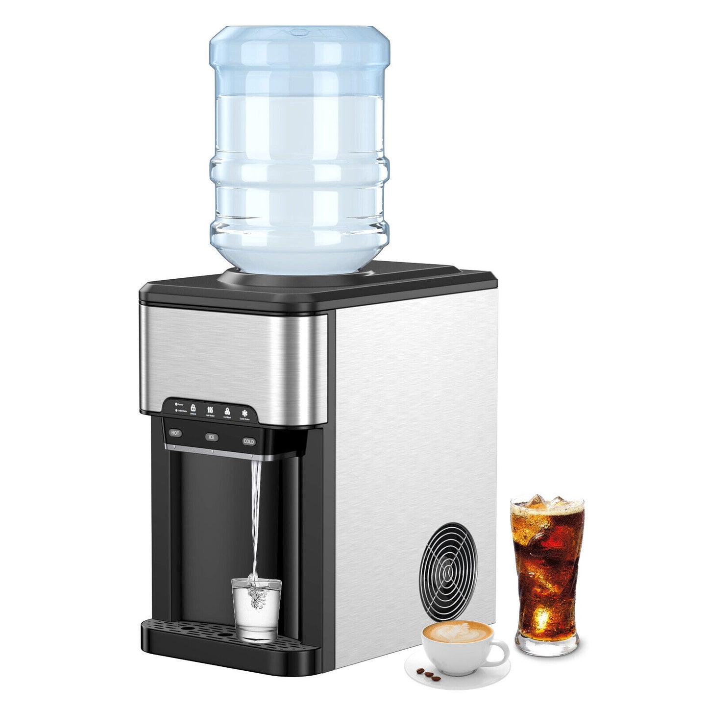 3-in-1 Water Cooler Dispenser with Built-in Ice Maker and 3 Temperature Settings-Silver