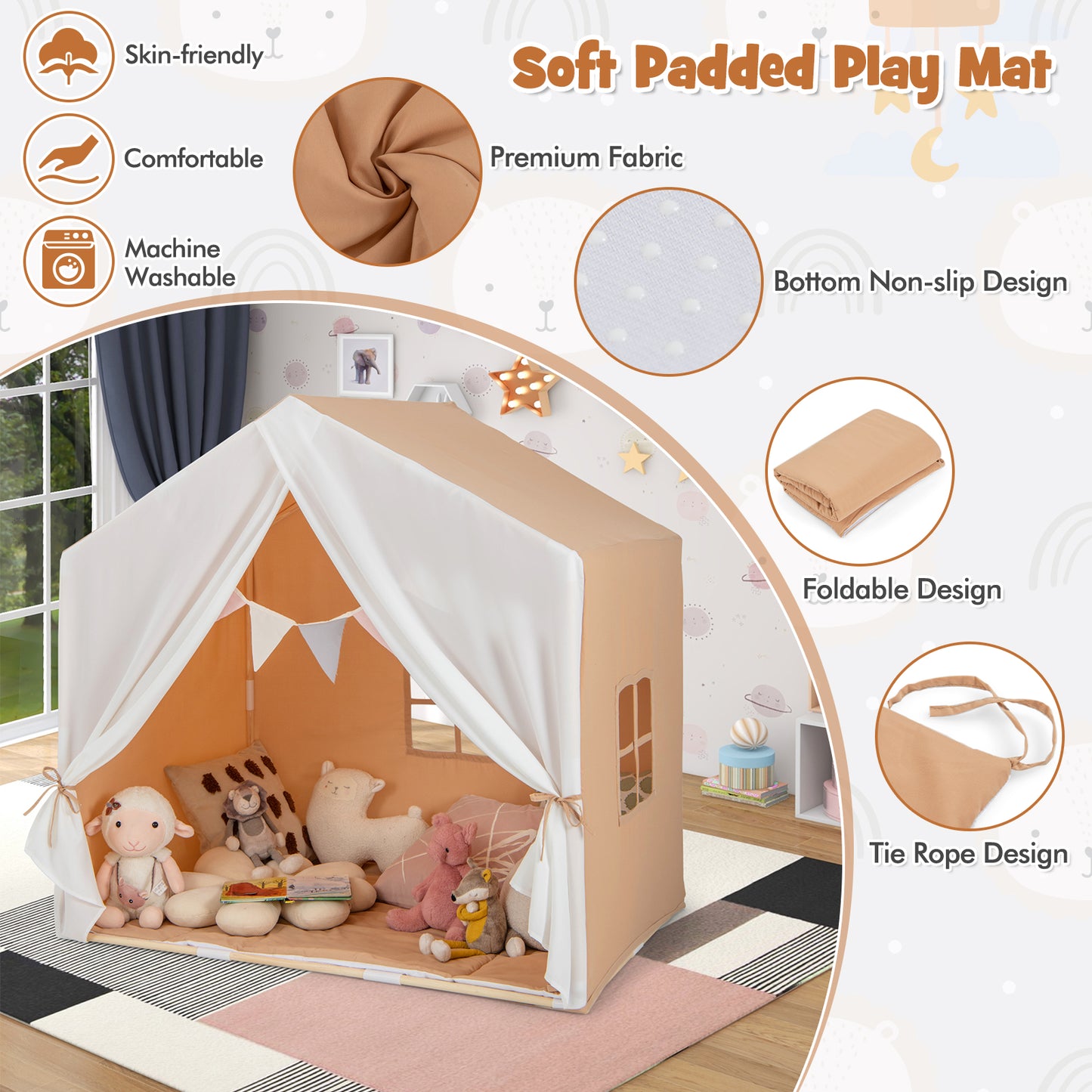 Kid's Play Tent with Washable Cotton Mat and Flag Banner-Orange