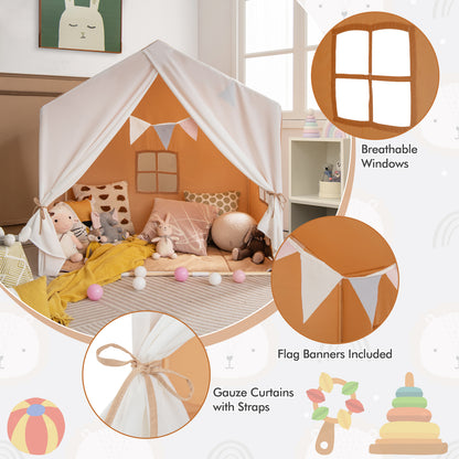 Kid's Play Tent with Washable Cotton Mat and Flag Banner-Orange