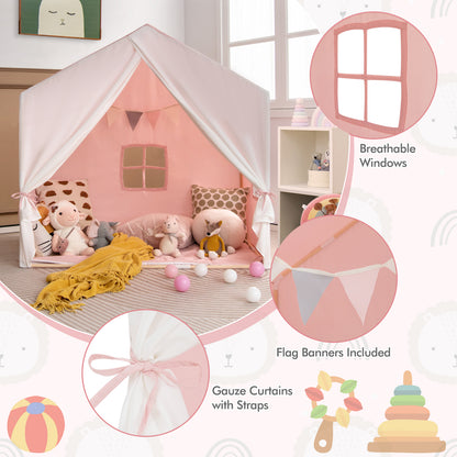 Kid's Play Tent with Washable Cotton Mat and Flag Banner-Pink