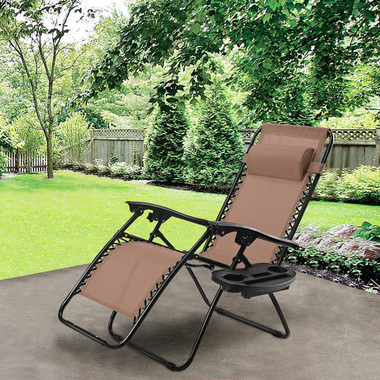 Outdoor Folding Zero Gravity Reclining Lounge Chair with Utility Tray-Brown