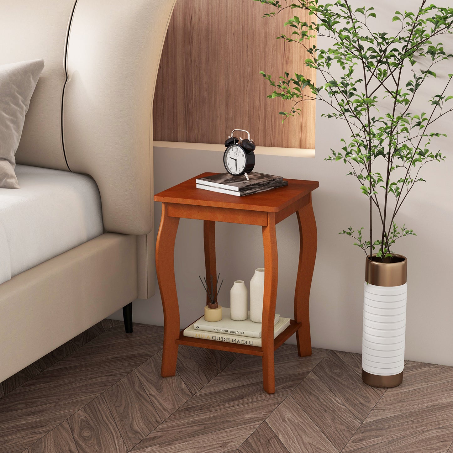 15 Inch 2-Tier Square End Table with Storage Shelf-Walnut