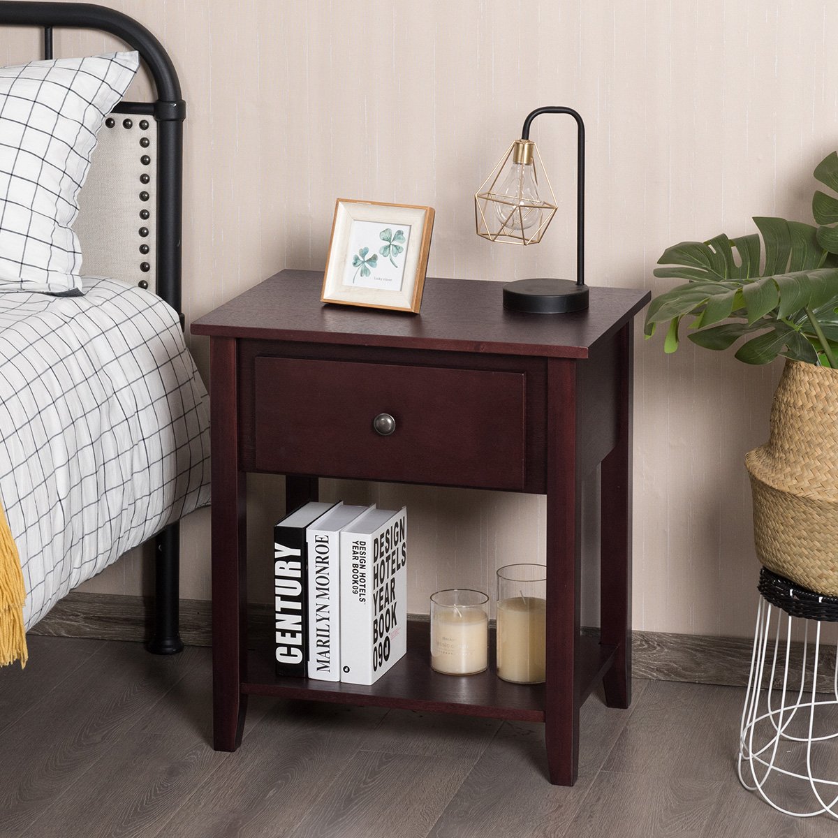 Nightstand with Drawer and Storage Shelf for Bedroom Living Room-Black