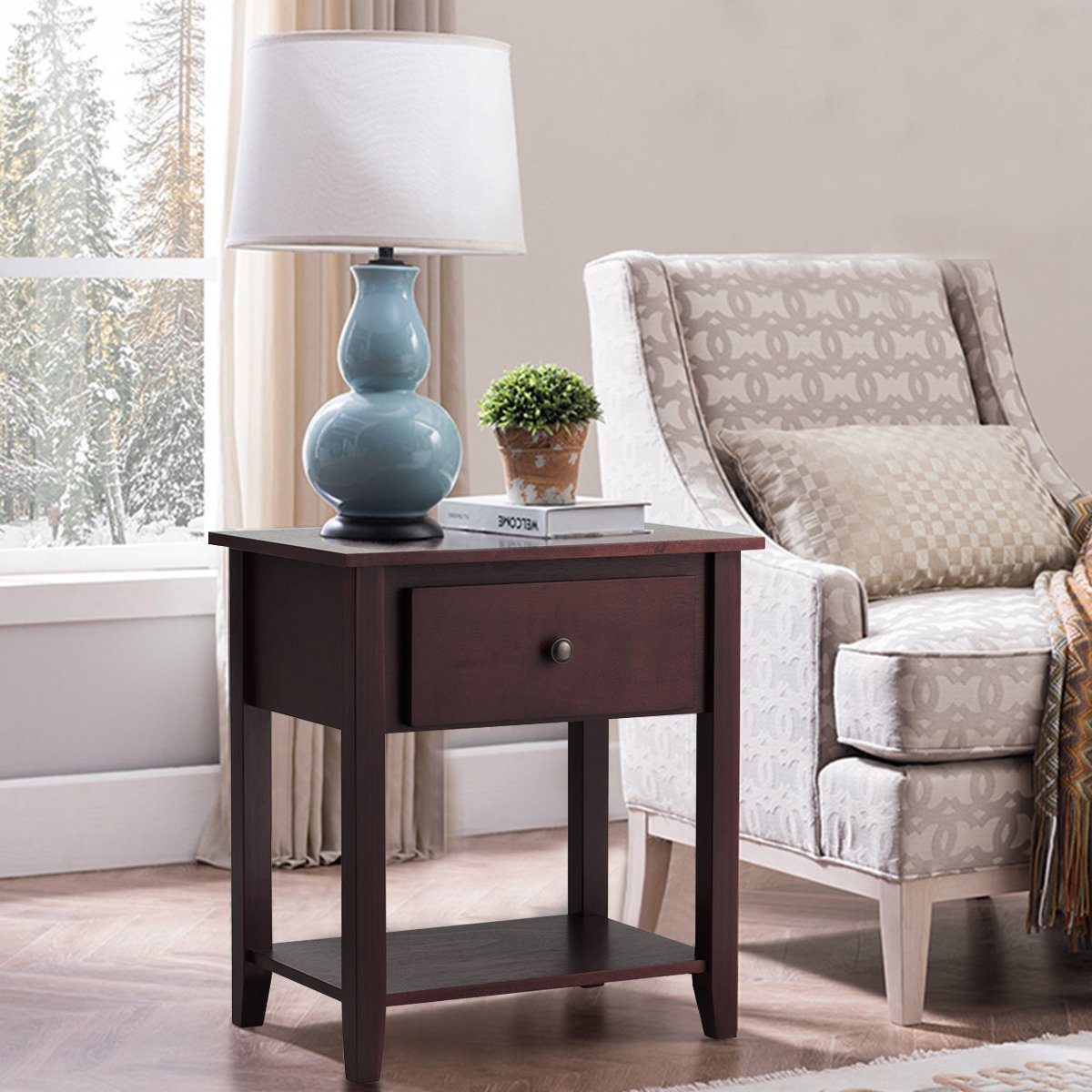 Nightstand with Drawer and Storage Shelf for Bedroom Living Room-Black