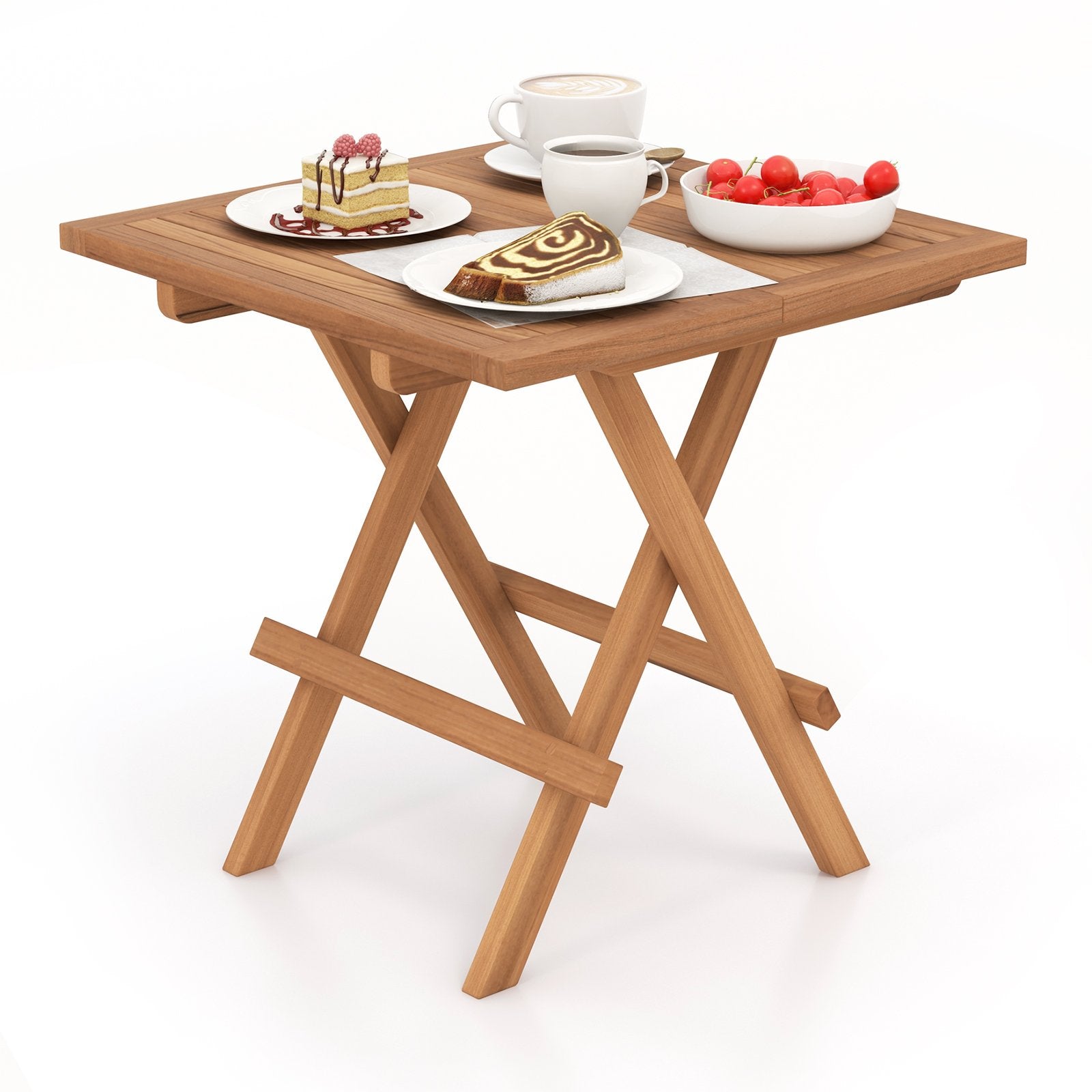 Square teak wood patio folding table with slatted tabletop, portable outdoor picnic table for outdoor and patio use.