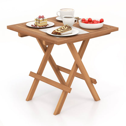 Square teak wood patio folding table with slatted tabletop, portable outdoor picnic table for outdoor and patio use.