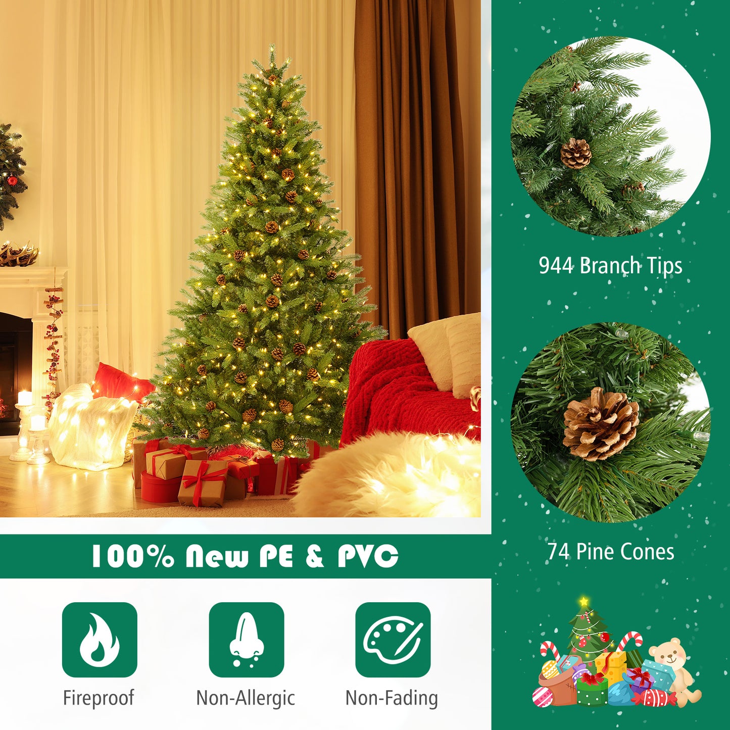 6/7 FT Artificial Christmas Tree with Pine Cones and Adjustable Brightness-6 ft