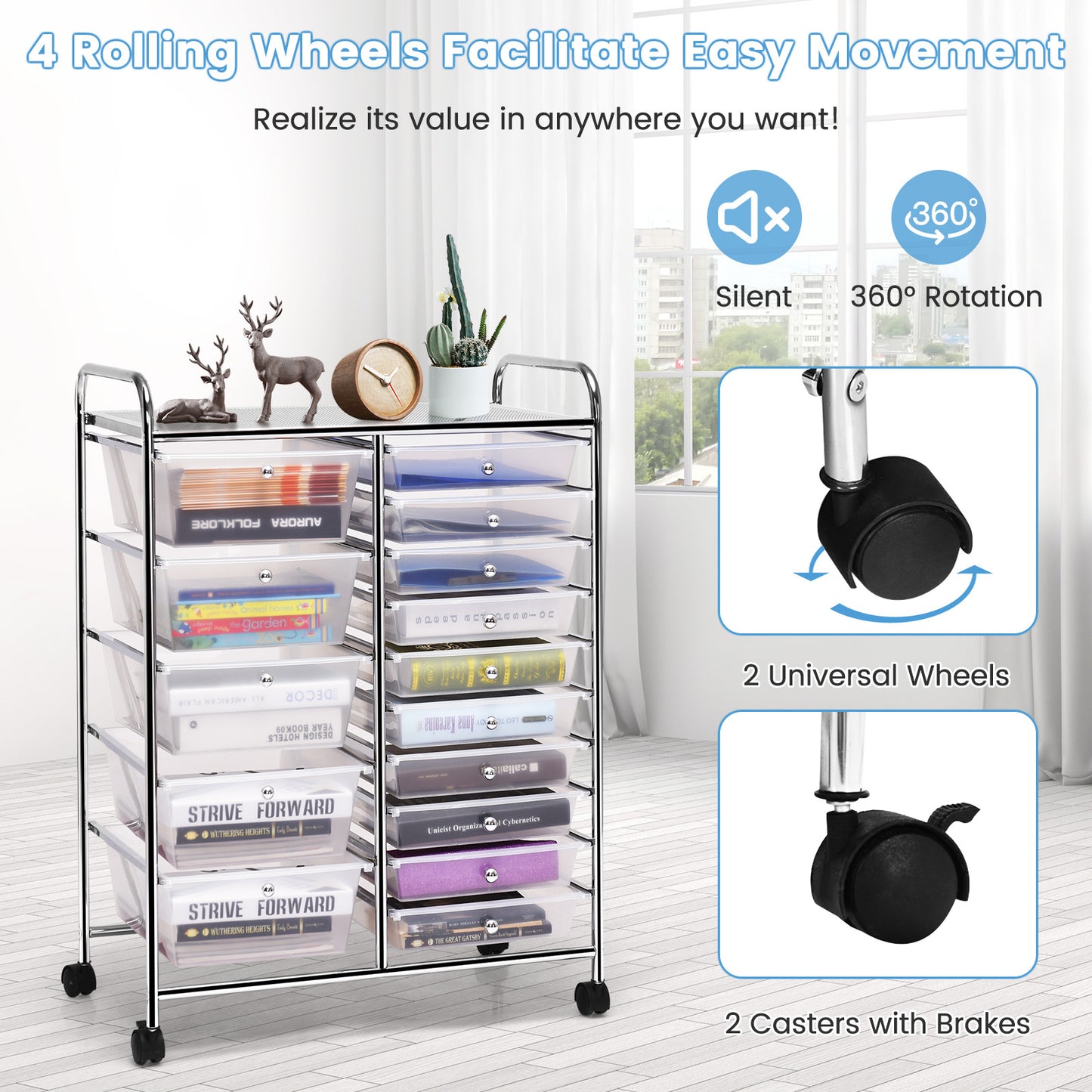 15-Drawer Utility Rolling Organizer Cart Multi-Use Storage-Clear