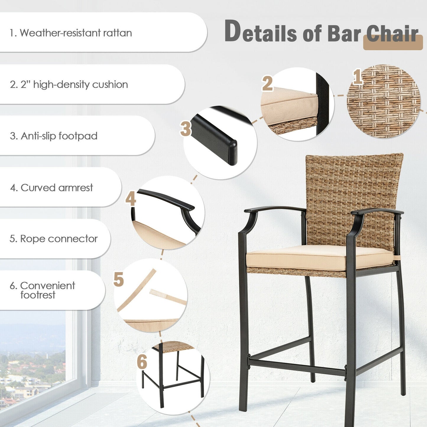 Patio Rattan Bar Stools Set of 4 with Soft Cushions