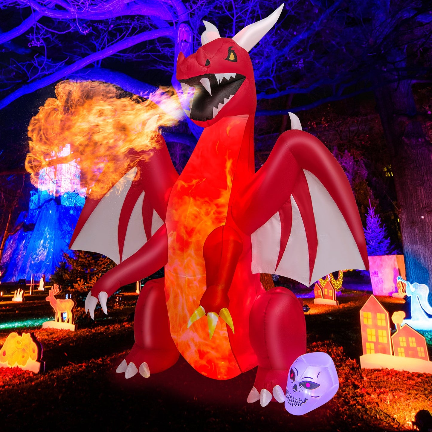 8-foot Halloween inflatable red dragon with wings and skull decoration, festive holiday yard decor by Wilsons Home Store