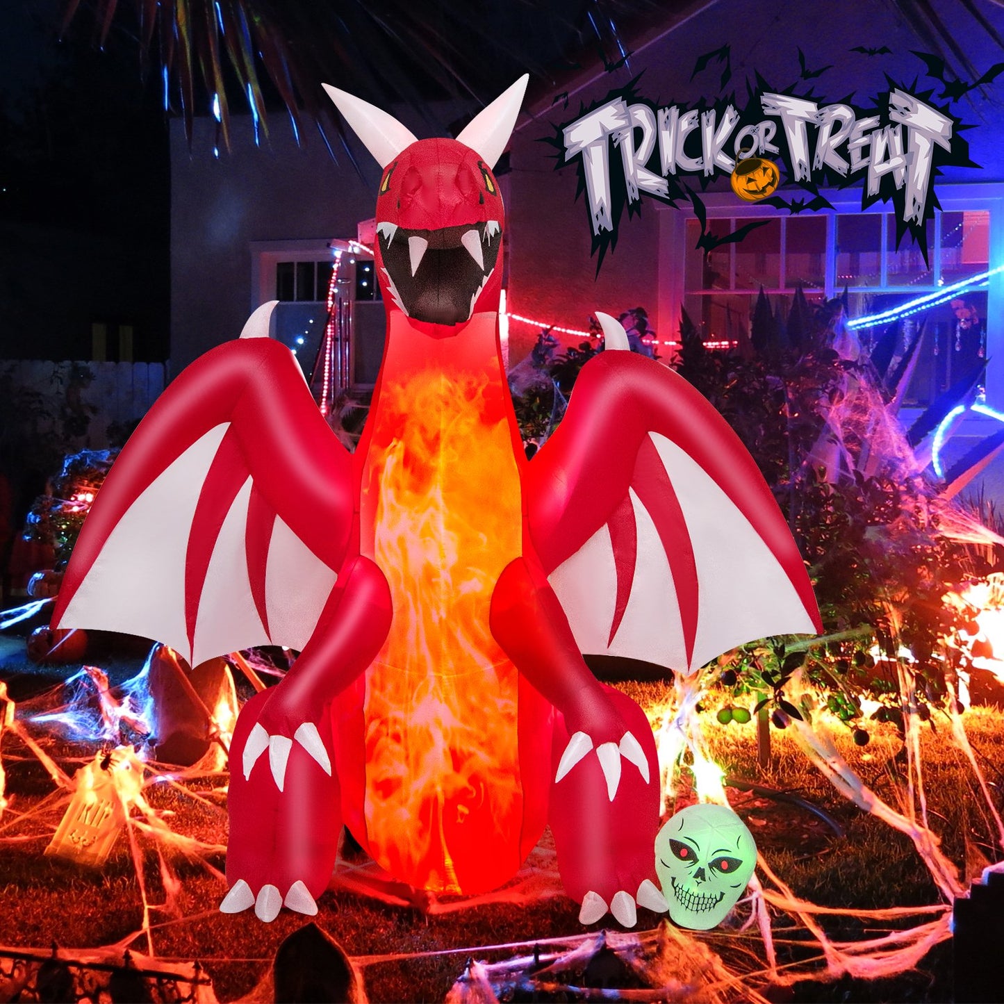 8-foot Halloween inflatable red dragon with wings and skull, holiday outdoor decor, by Wilsons Home Store
