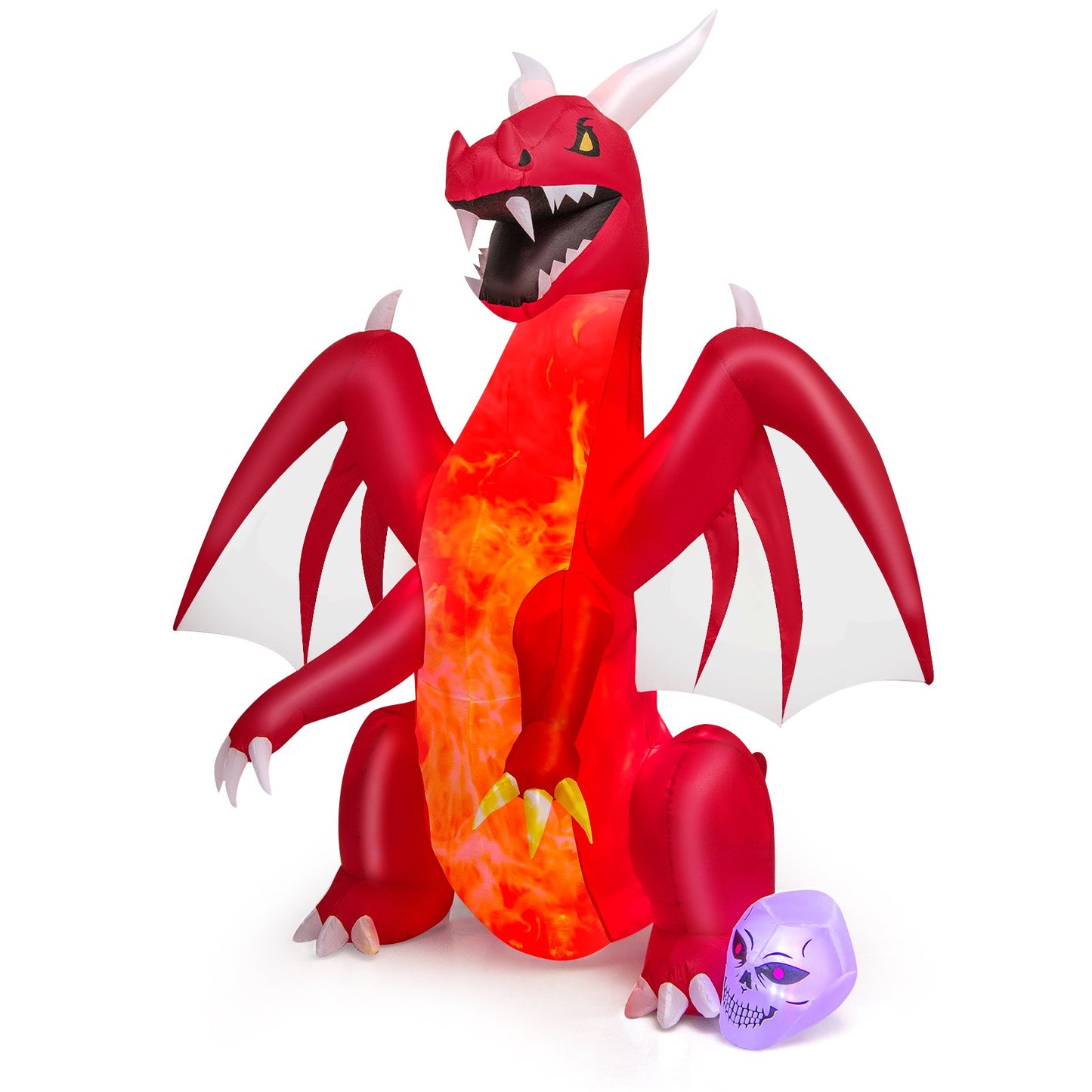 8-foot Halloween inflatable red dragon with wings and skull design, festive holiday decor for spooky celebrations.