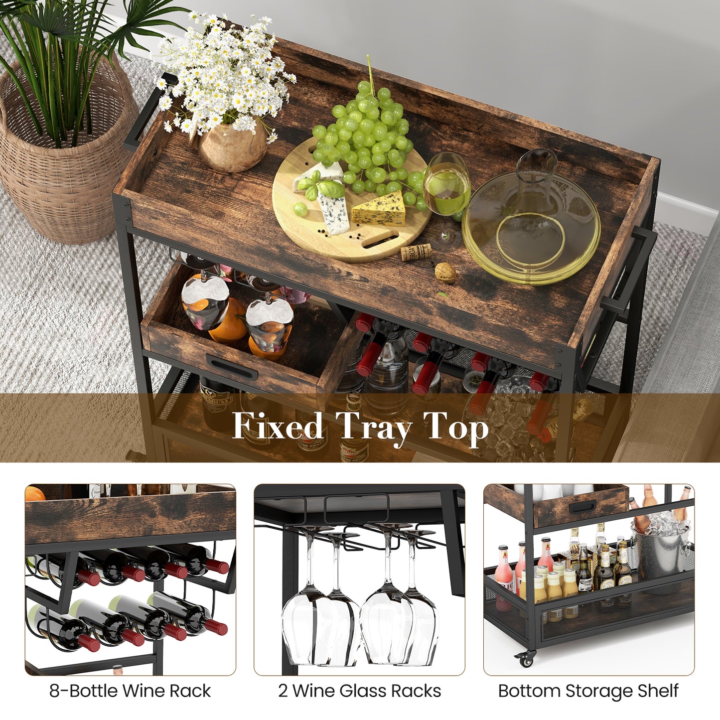 3-Tier Industrial Buffet Serving Cart with Wine Rack