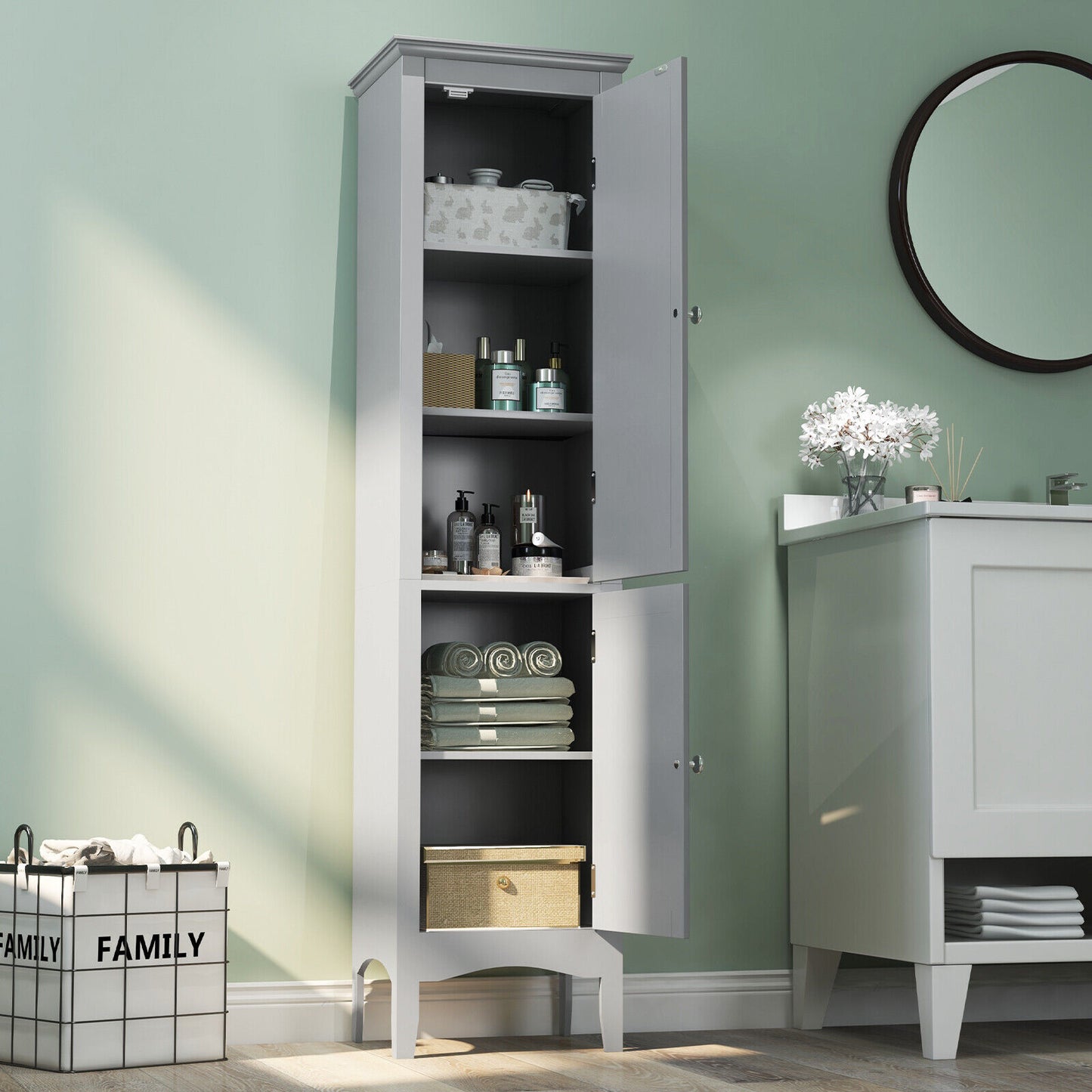 Tall Bathroom Floor Cabinet with Shutter Doors and Adjustable Shelf-Black
