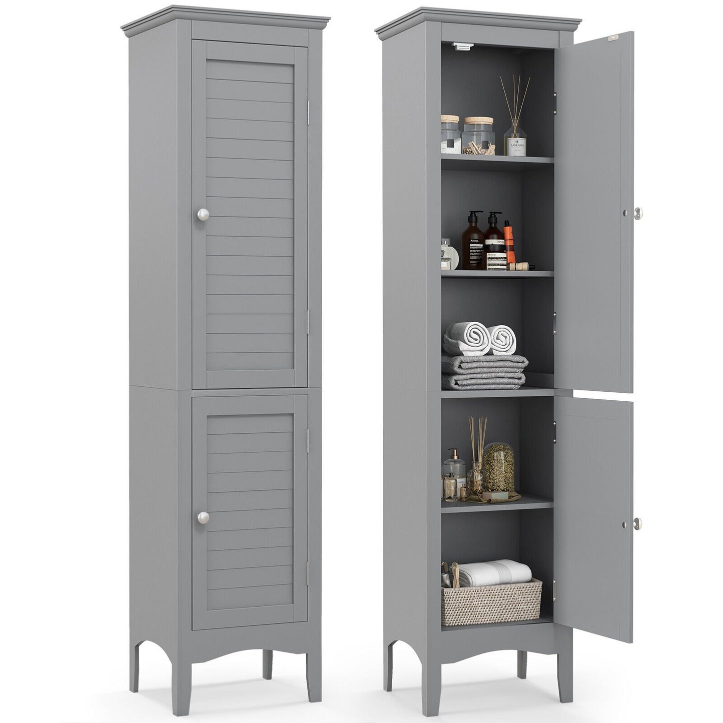Tall Bathroom Floor Cabinet with Shutter Doors and Adjustable Shelf-Black