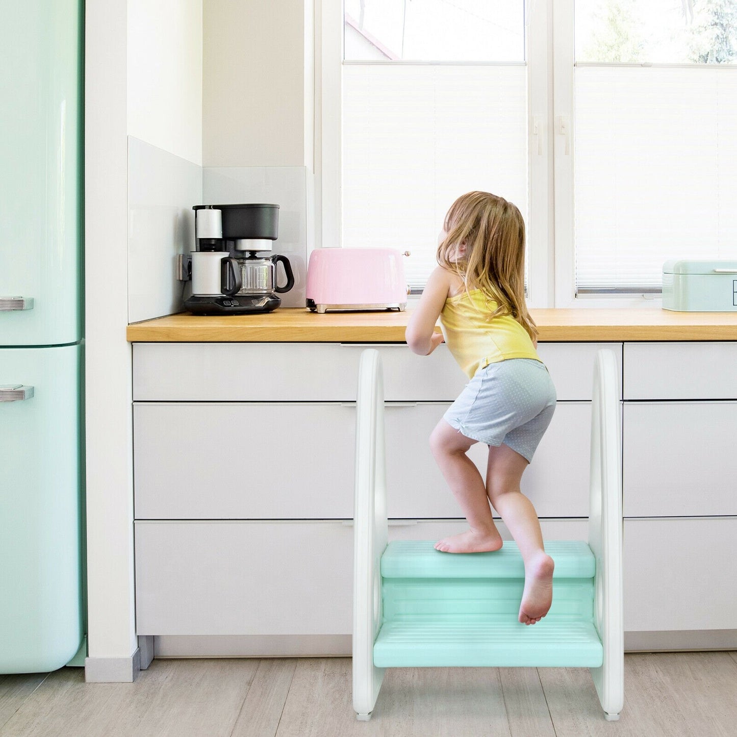 Kids Step Stool Learning Helper with Armrest for Kitchen Toilet Potty Training-Blue