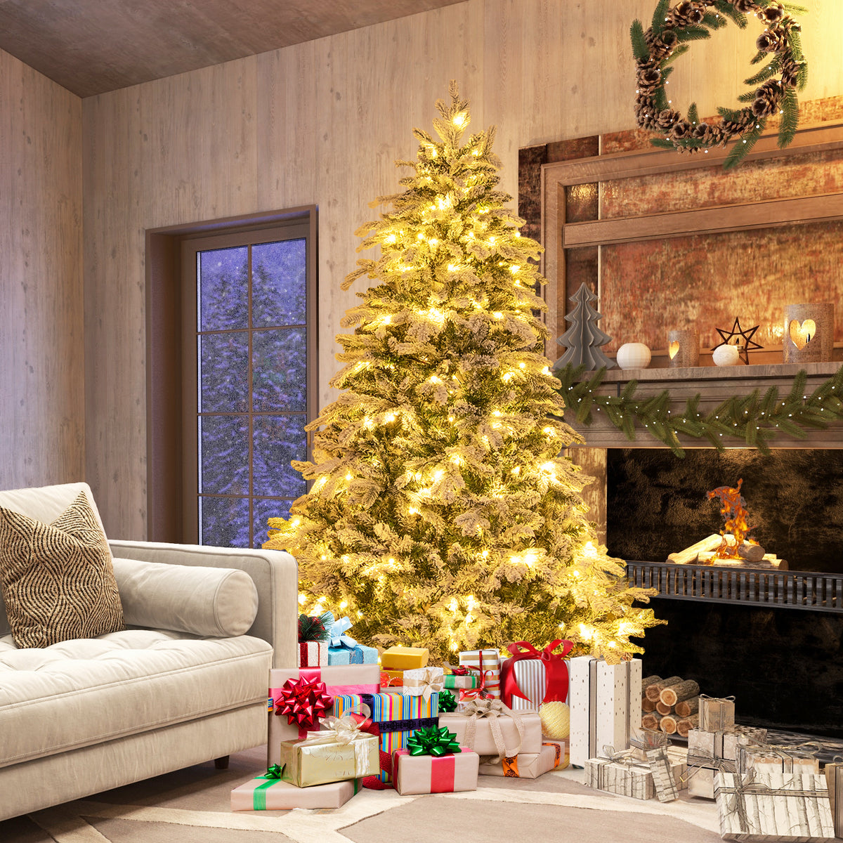 Flocked 6-foot Christmas tree with warm white LED lights, decorated with pine branches for holiday decor.