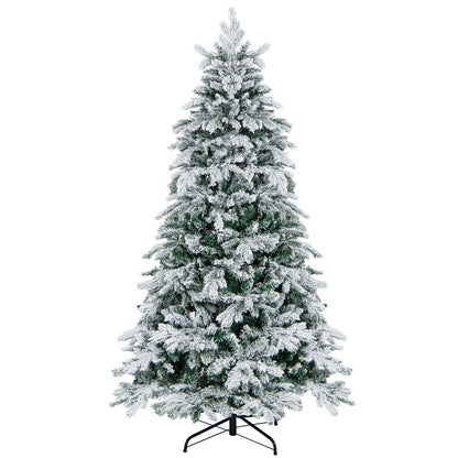 Flocked 6-foot Christmas tree with warm white LED lights, artificial holiday decor for festive Christmas celebrations.