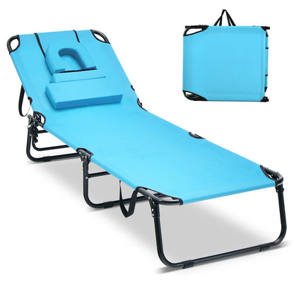 Beach Chaise Lounge Chair with Face Hole and Removable Pillow-Beige