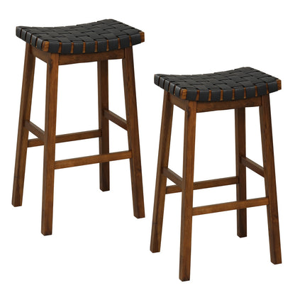 Faux PU Leather Bar Height Stools Set of 2 with Woven Curved Seat-25 Inches