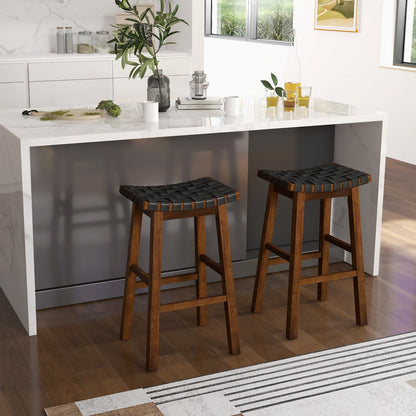 Faux PU Leather Bar Height Stools Set of 2 with Woven Curved Seat-25 Inches