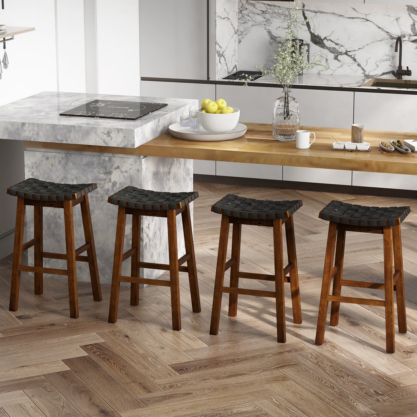 Faux PU Leather Bar Height Stools Set of 2 with Woven Curved Seat-25 Inches